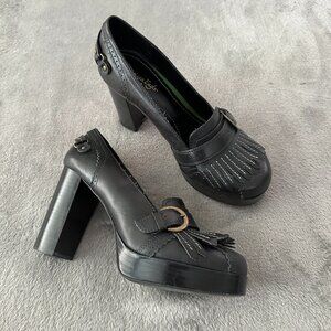 Vintage American Eagle Black Leather Platform Fringe Loafers 7.5 Heels Shoes Y2K